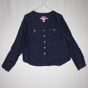 Isaac Mizrahi NY Linen Top Women‎ Medium Blue Button Pocket Boxy Long Sleeve